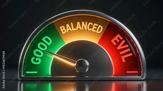 3D Animation of a Moral Compass Meter Dial Shifting Between Good, Balanced, and Evil