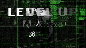 Animation of level up text over programming language and hud interface screens