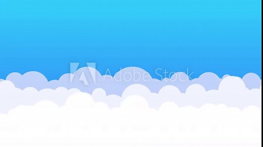 Animated cute white cartoon clouds on bright blue summer sky background with parallax effect