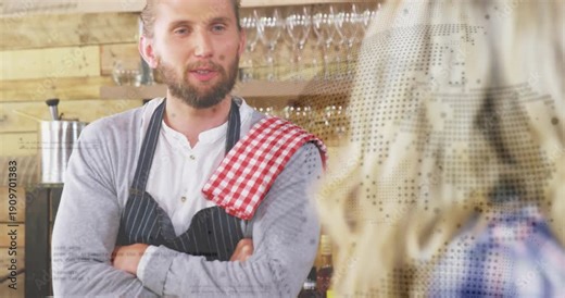 Barista at cafe counter, woman tapping tablet causing animated menu guiding order, barista smiling