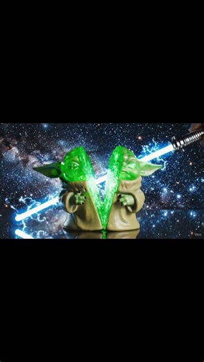 Obi-Wan Kenobi-style blue lightsaber cutting through a jelly statue of Yoda.