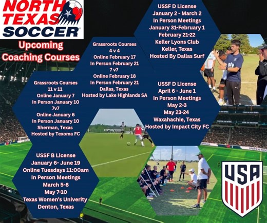 🎥 The best coaches never stop learning. If you coach club, recreational, or high school soccer, your impact depends on how well you plan, teach, and connect training to the game. North Texas Soccer’s U.S. Soccer Coaching Education Pathway is built to help coaches: ✅ Design better sessions ✅ Understand player behavior & development ✅ Connect practice to game moments ✅ Grow with confidence and clarity From Grassroots through the B License, our courses provide practical tools you can apply immedia