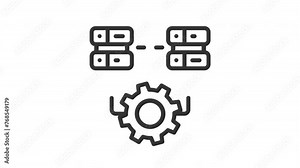 Animated data integrated with illustration of a server connected servers and gear wheel. Suitable for tech concept, database, data management, internet, network and IT infrastructure material