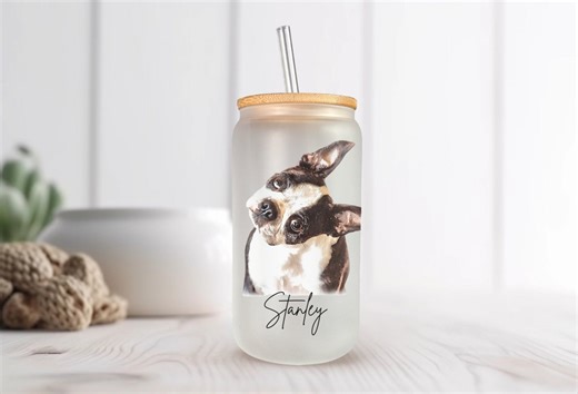 Custom Dog Beer Can Glass With Bamboo Lid, Dog Mom Glass Mug, Dog Lover Gift, Iced Coffee Cup, Pet Portrait Personalized Coffee Glass - Etsy