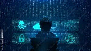 Hooded Hacker Breaks Data Servers Infects System Virus in dark room hacker cyber war. 4K 3D data protection interface. cyber crime. dangerous hacker stealing data. 4K 3D Cyber attack, system breaking