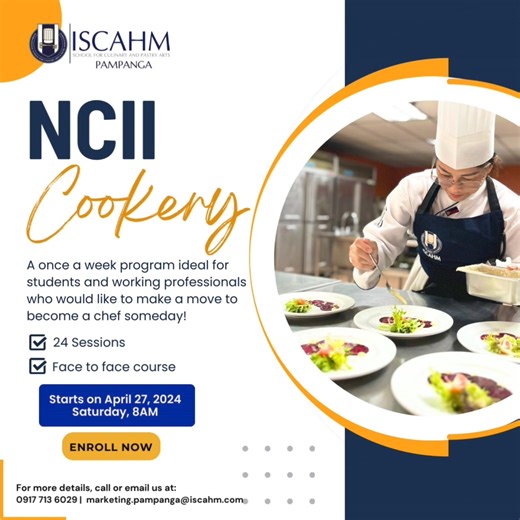 A new batch of TESDA-Registered NCII Cookery will start on APRIL 27, 2024, SATURDAY! The NCII Cookery is a once-a-week program, it is ideal for students and working professionals who would like to make the move to become a chef someday! This will prepare graduates for entry-level employment in hotels, restaurants, catering companies, ships, and other culinary establishments! Enrollment is ONGOING! Click the link below to inquire: https://www.emailmeform.com/builder/emf/ISCAHM/NCII ISCAHM Pampang