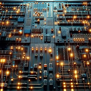 video animation of a complex circuit, lights softly blinking and glowing, simulating the rhythmic pulse of system activity.