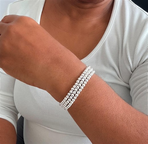 4mm Sterling Silver Bracelet Stack 3-strand 925 Silver Beaded Bracelets - Etsy