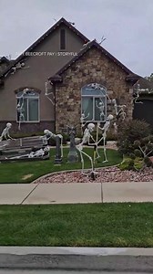 24K views · 732 reactions | This homeowner in Utah is playing with her funny bone this Halloween! The creative décor features 80 life-size skeletons mimicking different human activities, including posing for pictures, mowing the lawn or even lounging around and acting like some real lazy bones. 藍 | ABC7 | Facebook