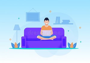 Smiling Man Relaxing with Laptop at Home Cartoon Stock Vector - Illustration of play, laptop: 147455464
