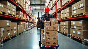 Warehouse Worker Organizes Boxes in Busy Distribution Center During Afternoon Shift