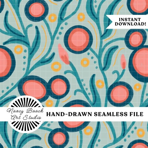 Sage Green Hand-drawn Mid-century Floral Seamless Pattern in Coral, Pink, Green & Navy (digital Download) - Etsy