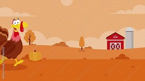 Cute Turkey Cartoon Character Running. 4K Animation Video Motion Graphics With Fall Landscape Background