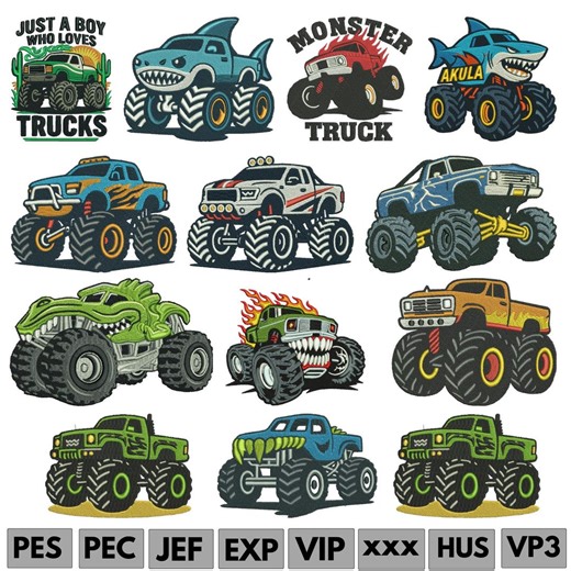 Monster Truck Machine Embroidery Designs Dino Monster Truck Embroidery Designs T-Rex Machine Embroidery File Monster Trucks Pes File 5 Sizes