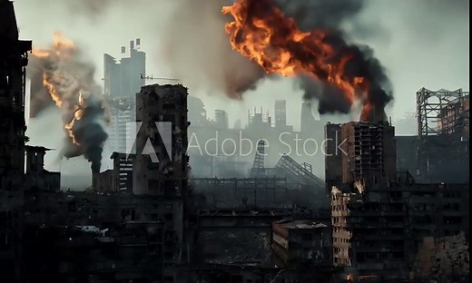 Post-Apocalyptic Cityscape: A City Destroyed by Fire and Smoke - Ruins and Buildings with Burning Structures