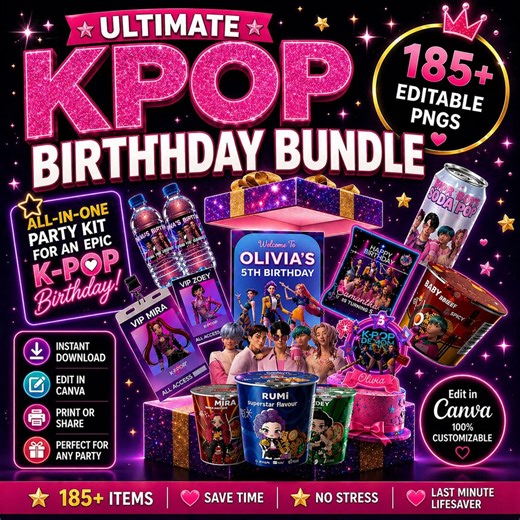 K-pop Birthday Party Decorations Bundle | Neon Pink Editable Party Kit (instant Download) - Etsy
