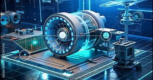 4K Futuristic High-Tech Engineering Lab with Transparent Engine and Advanced Machinery Sci-Fi Digital Illustration Full HD Video Download Stock Video