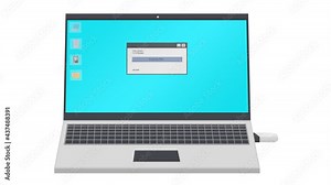 Connecting a USB drive to a laptop. Animation copying files, alpha channel enabled. Cartoon