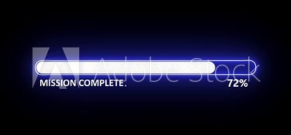 Mission complete loading bar 0 to 100 animation and neon loading frame on black background.Operating system, mission complete concept, software updating and processing icon animation.