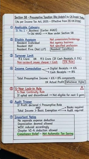 Income Tax Act 2025| 44AD Changed? Now Under Section 58| 6% / 8% Rule + 5 Year Lock #shorts