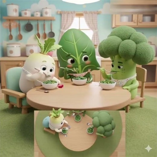 "Funny Cartoon Vegetables Eating Together | Radish, Spinach & Broccoli 3D Scene"