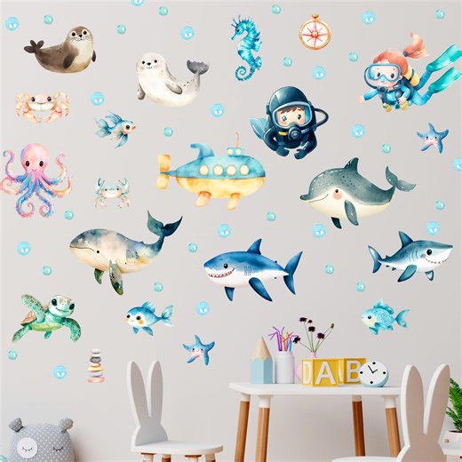 Ocean Wall Decals Set, Underwater Sea Animals Stickers, Marine Nursery Wall Decor - Etsy