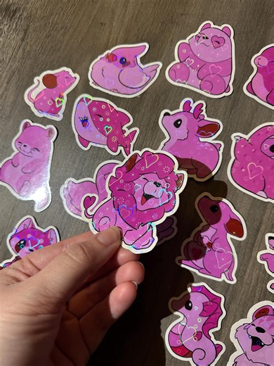Pink Chibi Animal Stickers With Holographic Heart Laminate - Etsy