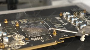 A video card with a freshly soldered GPU chip using an infrared soldering station. Maintenance and repair of computer equipment.
