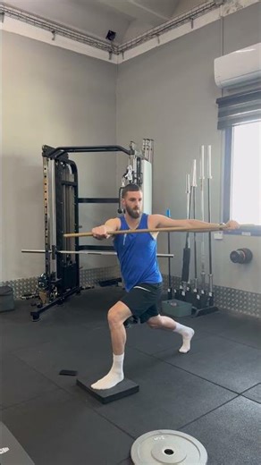 Torso rotation in isometric split squat position against stick and balance pad