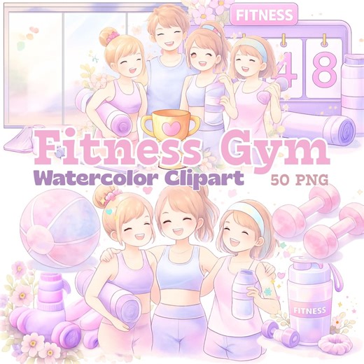 Watercolor Fitness Clipart | Gym & Yoga PNG Illustrations (digital Download) - Etsy