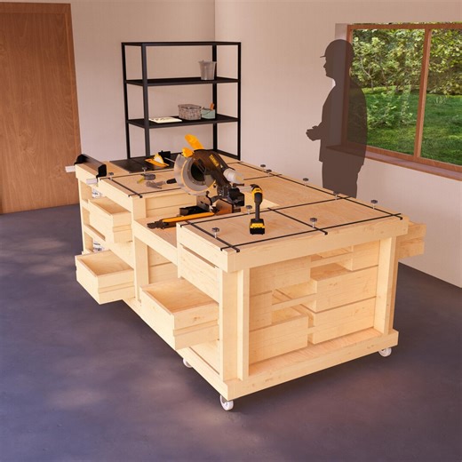 DIY 4x8 Ft Mobile Workbench Plans With T-tracks, Drawers, and Shelves, Perfect for Garage, Design Workshop, and Tool Storage Organization - Etsy