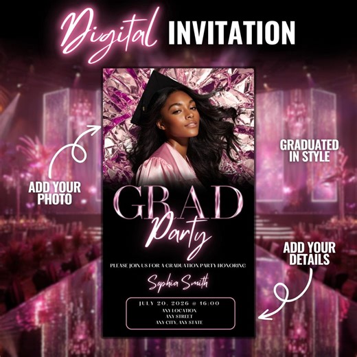 Pink Grad Party Ecard Invitation - Digital Graduation Invite for Women - Editable Text Invite - Instant Download - Etsy