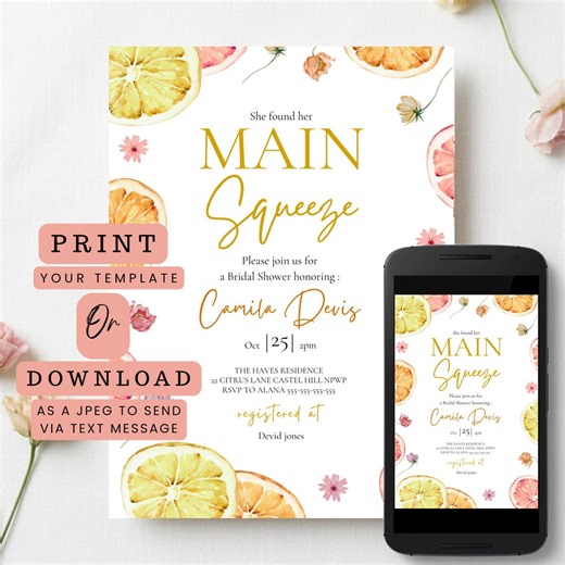 Main Squeeze Bridal Shower Invitation Template, Citrus Lemon Bridal Shower Invite, Editable Canva Invitation, Summer Bridal Shower Printable