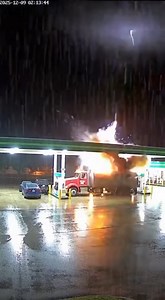 A lightning strike hits a fuel tanker at a gas station. Triggering a catastrophic explosion. The tanker flips into the pumps, causing a chain reaction of fireballs and debris as cars are thrown across the lot. This video and story is generated by AI for entertainment. | Chris & Che Media