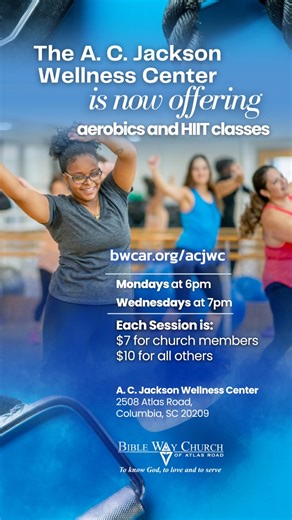 4.1K views · 102 reactions | Our A. C. Jackson Wellness Center is now offering aerobics and HIIT workout classes on Mondays at 6pm and Wednesdays at 7pm! All are invited to join us throughout the week as we focus on our health together. We have something for all ages and fitness levels. For more information, call the A. C. Jackson Wellness Center at 803.776.2936 or visit bwcar.org/acjwc | Bible Way Church of Atlas Road | Facebook