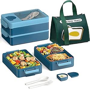 Bento Box Adult Lunch Box Salad Lunch Containers for Adults 2 Layer Stackable Large bento Microwavable Freezable Leak Proof and 3 Compartment Sandwich Meal Prep Reusable,Blue