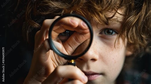 Curious Boy with Magnifying Glass: A young boy, immersed in the world of observation, gazes intently through a magnifying glass, revealing a close-up detail of wonder.