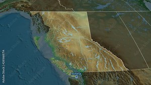British Columbia - province of Canada with its capital zoomed on the physical map of the globe. Animation 3D