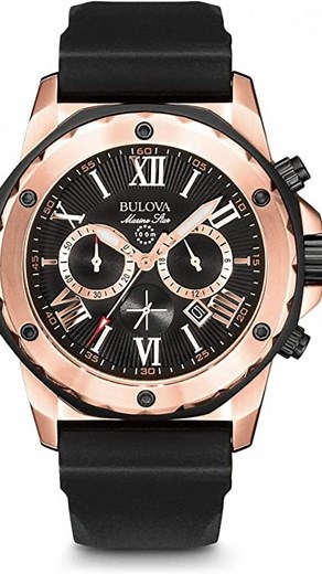 Bulova Men's Marine Star Strap Watch 98B104. This high-performance chronograph watch from Bulova's Marine Star Collection is a stunning timepiece that combines style and functionality. With its hypoallergenic plated stainless steel case and rubber strap, this watch is not only durable but also comfortable to wear. The 31 day calendar function and water resistance up to 100 meters make it perfect for any outdoor adventure. The luminescent hands make it easy to read even in low-light conditions, w