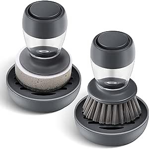 Dish Brush with Soap Dispenser, Kitchen Dish Scrubbers Set with Draining Tray for Washing Dishes/Pots, Grey, Set of 2