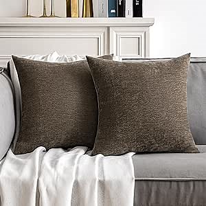 MIULEE Pack of 2 Brown Decorative Pillow Covers 18x18 Inch Soft Chenille Couch Throw Pillows Farmhouse Cushion Covers for Home Decor Sofa Bedroom Living Room