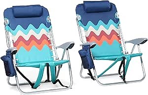 ALPHA CAMP Beach Chairs Set of 2 with Cooler Bag 4 Position Classic Lay Flat Folding with Backpack Straps Support 250LBS (Sky Blue)