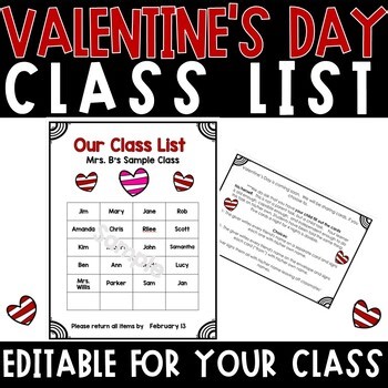 Editable Valentine's Day Card Class List for Elementary Classroom Activities