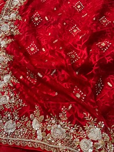 58K views · 342 reactions | Traditional pure red Muslin saree entirely embossed with hand work, intricate zardozi patterns, pearl embellishments, katdana, sequin details and jamdani motif in this wedding season. ❤️ | OSHIN | Facebook