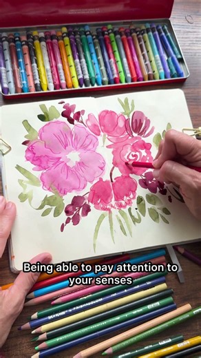 Painting a pink watercolor bouquet with colored pencils