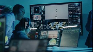 Flight control operators monitor space mission on computers in command center, have communication with astronaut. Team watch successful space rocket launch on big digital screen. Space exploration.