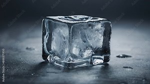 3D animation of an ice cube melting on a dark surface. Water droplets form around the cube