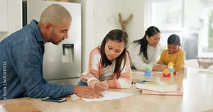 Homework help, dad and child in kitchen with notes for math project, support in learning and education with family. Teaching, counting and homeschool studying, father with young girl and school work.