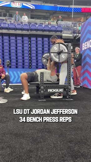 LSU DT Jordan Jefferson currently leading the 2024 Combine with 34 reps on the bench press 🔥 📺: #NFLCombine continues today at 3pm ET on NFL Network 📱: Stream on #NFLPlus | NFL