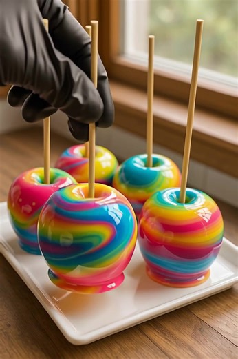 Rainbow Candy Apples 🌈🍎 These Rainbow Candy Apples from deesviral are crisp, juicy apples wrapped in a glossy, colorful candy shell. With a swirled rainbow finish, they’re a magical treat for parties, fairs, or anytime you want to wow your guests. Ingredients 6–8 fresh apples (Granny Smith or Gala) 3 cups granulated sugar 1 cup light corn syrup 1 cup water Food coloring (red, orange, yellow, green, blue, purple) Candy thermometer Wooden sticks for apples | The Deesviral Recipes